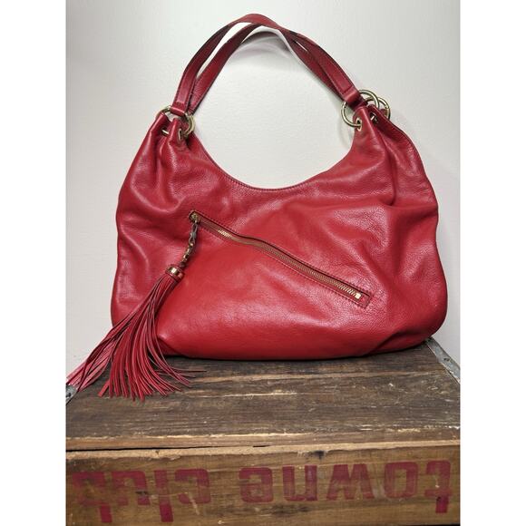 Michael Kors Shoulder Purse Pebbled Red Leather With Tassel - Picture 1 of 10